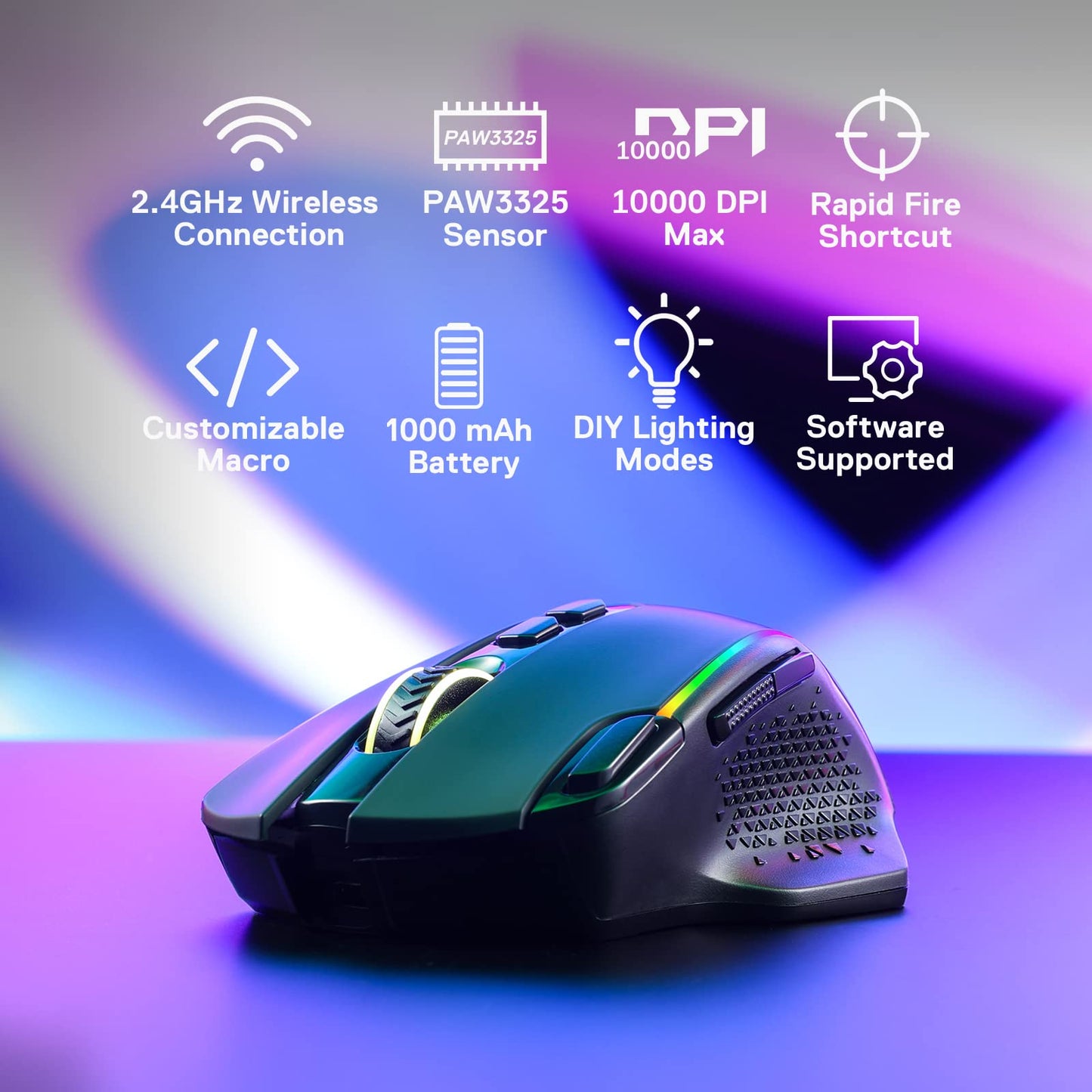 Redragon M810 Pro Wireless Gaming Mouse, 10000 DPI Wired/Wireless Gamer Mouse w/Rapid Fire Key, 8 Macro Buttons, 45-Hour Durable Power Capacity and RGB Backlit for PC/Mac/Laptop