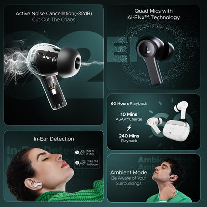 boAt Airdopes Flex 454 ANC Truly Wireless in Ear Ear Buds w/Smart Features, ANC, 60HRS Playback,Hearables App Support,4 Mics ENx,Multi Point,ASAP Charge, IPX5,Beast Mode Earbuds TWS (Gunmetal Black)