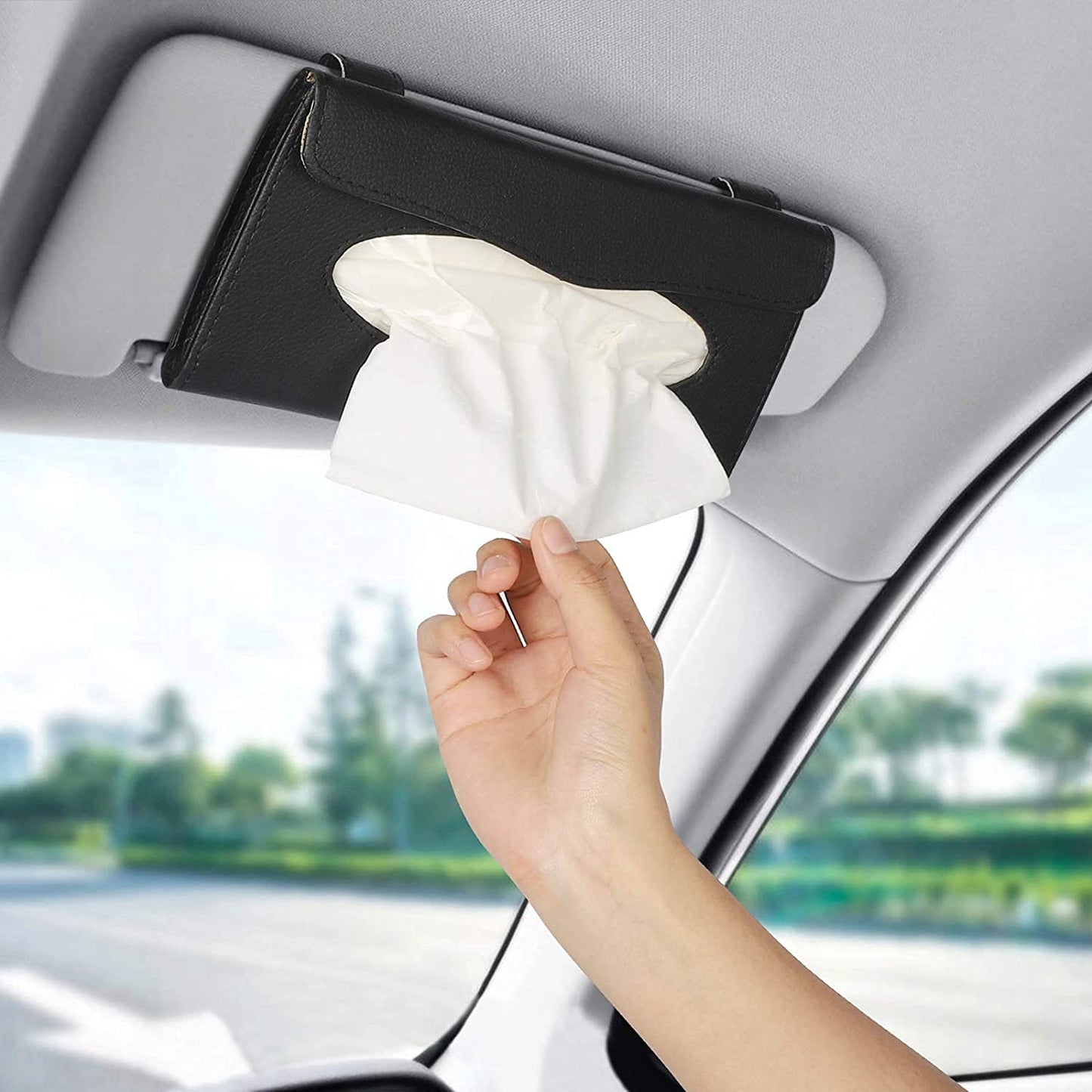 Detachi Car Tissue Holder installed on a sun visor of a car