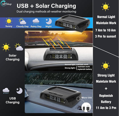 Skyshop® C240 Prime (Voice Alert) External USB/Solar TPMS (Car Tyre Pressure Monitoring System) Tire Pressure & Temperature Display