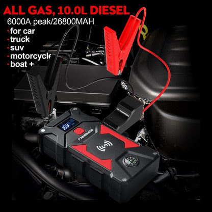 FNNEMGE Car Jump Starter 6000A Peak, 26800mAh Capacity, Up to All Gas and 10.0L Diesel Engine, USB Quick Charge 3.0, LED Light, EC-5 Output (6000A/26800mAh)