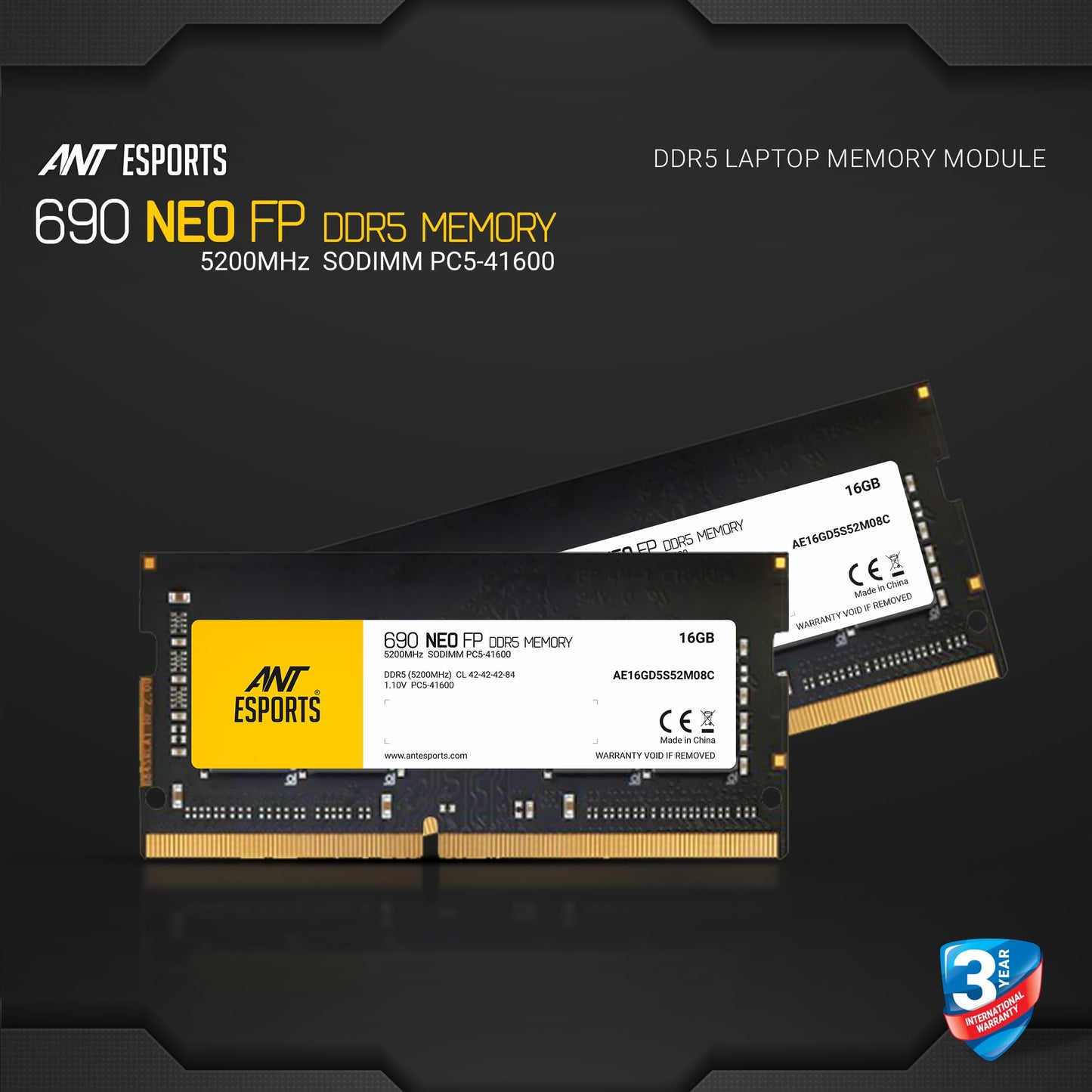 Ant Esports 690 NEO FP 16GB (1 * 16GB) DDR5 5200 MHz CL 42-42-42-84 262-PIN SO-DIMM Laptop Memory - AE16GD5S52M08C