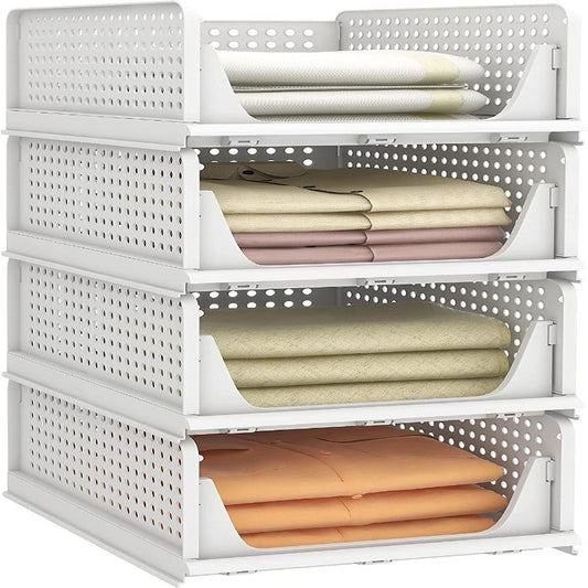 JD FRESH Big Size 4 Pieces Wardrobe Organizer for Storage/Polypropylene Foldable & Stackable Closet Basket/Cupboard Organizer for Clothes/Space Saver for Kitchen(White)