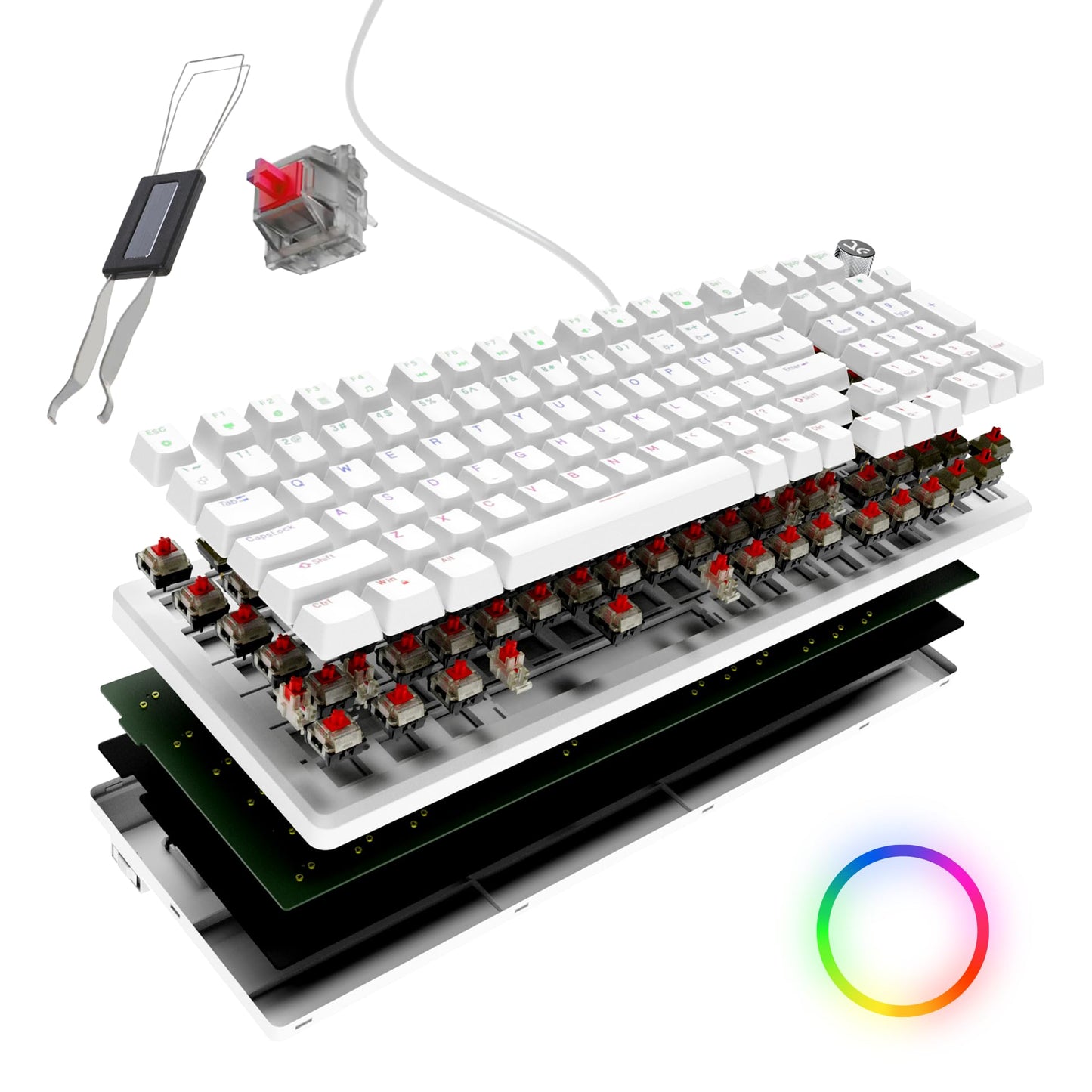 Kreo Hive Wired Full Size RGB Backlight Gaming Mechanical Keyboard, Customizable RGB, Mechanical Switches, NKRO, Metal Volume Knob, All White Keycaps (All White, Red Switch)