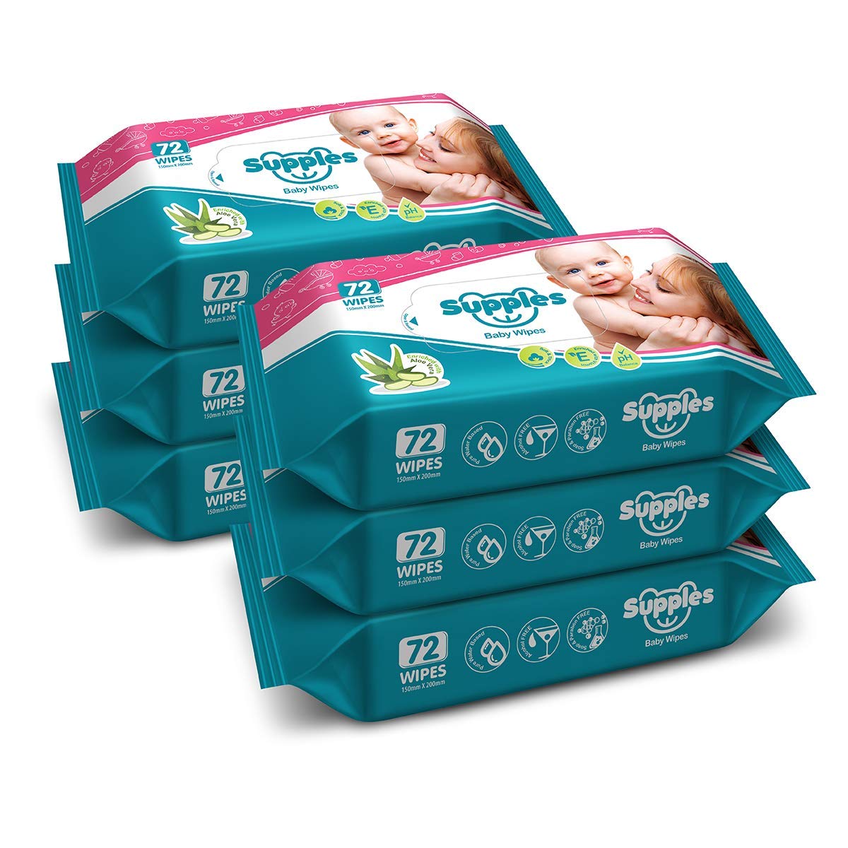 Amazon Brand - Supples Baby Wet Wipes With Aloe Vera And Vitamin E, 72 Pieces, White (Pack Of 6)