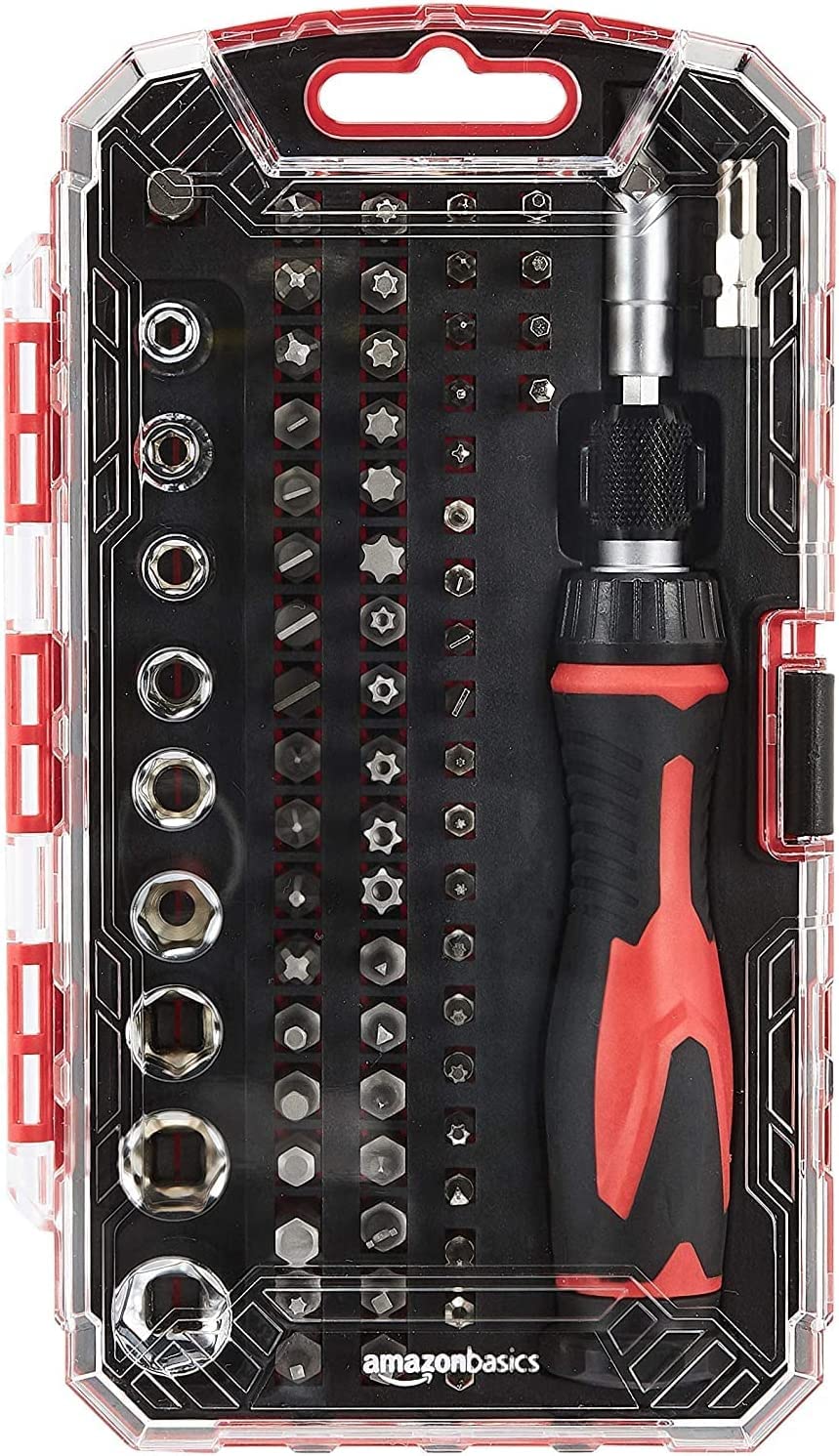 amazon basics 73-Piece Magnetic Ratchet Wrench and Screwdriver Set, 8 x 4.6 x 1.3 inch