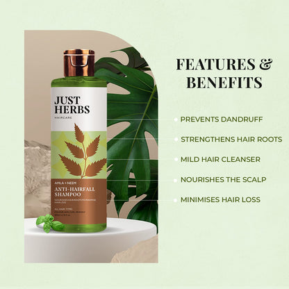 Just Herbs 8 in 1 Root Nourishing Amla Neem Hair Fall Control Shampoo For Men & Women - Suitable For Oily Hair Scalp, Sulphate & Paraben Free 200 ml