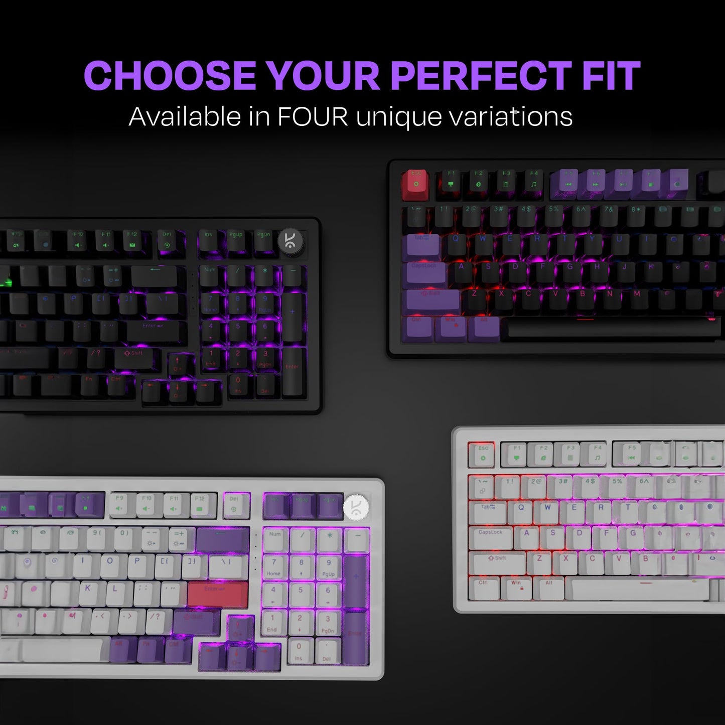 Kreo Hive Wired Full Size RGB Backlight Gaming Mechanical Keyboard, Customizable RGB, Mechanical Switches, NKRO, Metal Volume Knob, 3 Color Keycaps (Black-Purple, Brown Switch)