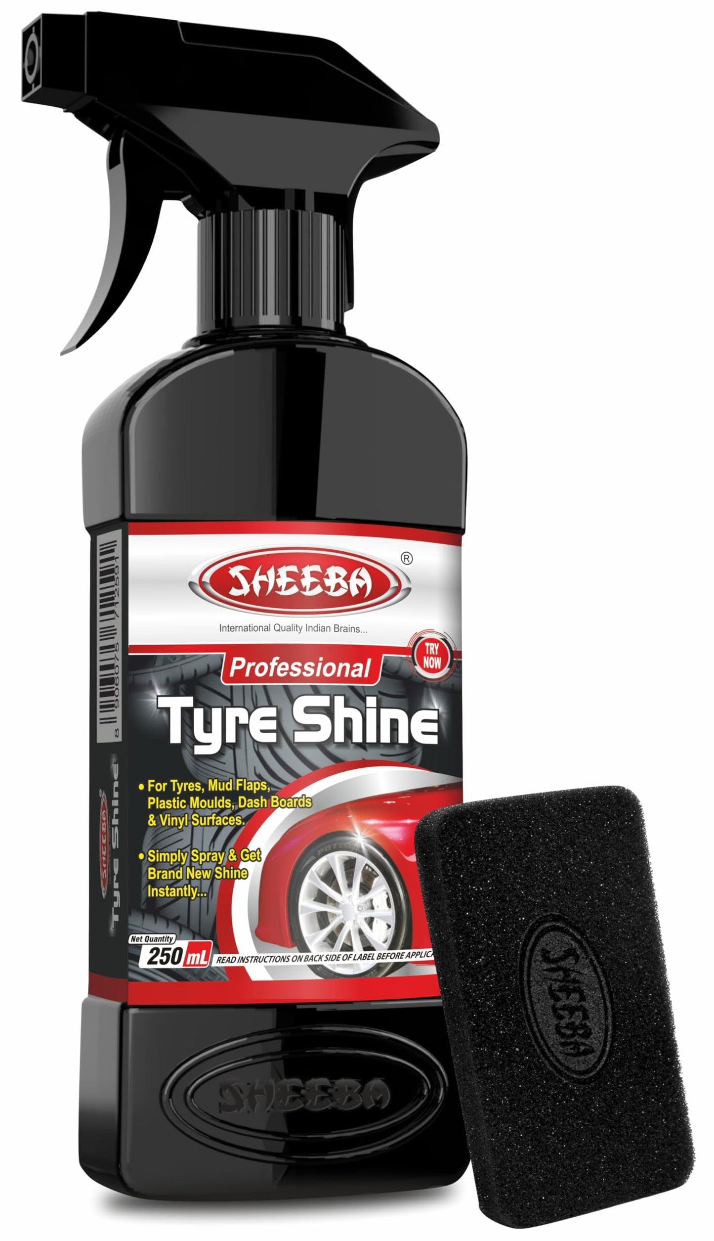 SHEEBA TYRE SHINE Polish with foam applicator pad for Cars & Bikes, Original Back to Black look, Long Lasting Results, for Rubber, Plastic Parts, Prevents Premature Ageing, Dullness, Non Greasy: 250mL