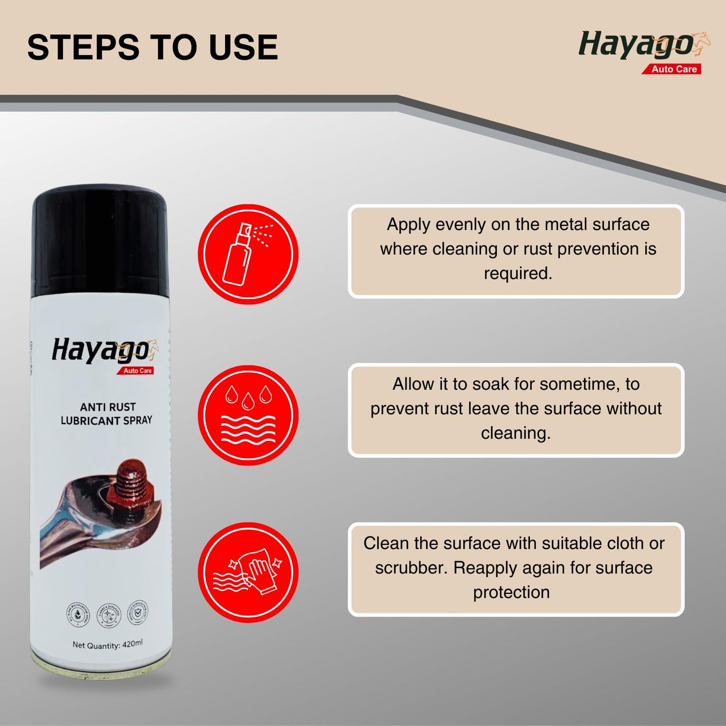 Hayago - Anti-Rust Spray (420ml) | Ultimate Rust Protection for Cars & Bikes | Powerful Anti-Corrosion & Rust Remover | Multi-Surface Rust Defender Spray