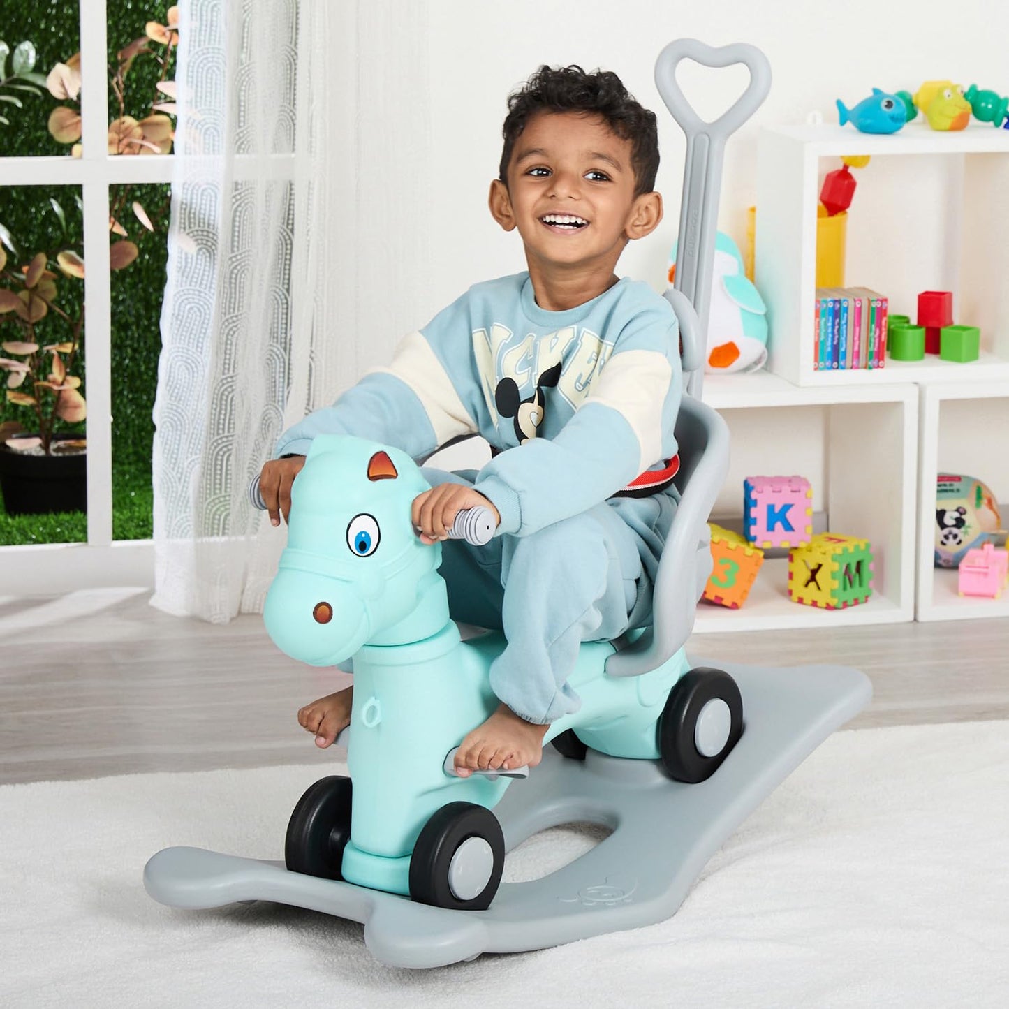 Amazon Brand - Jam & Honey 3-in-1 Ride-on and Rocker with Parental Handle | Non-Toxic PE | Durable and Safe with Seat Belt | BIS Approved | for Kids 24 Months - 5 Years