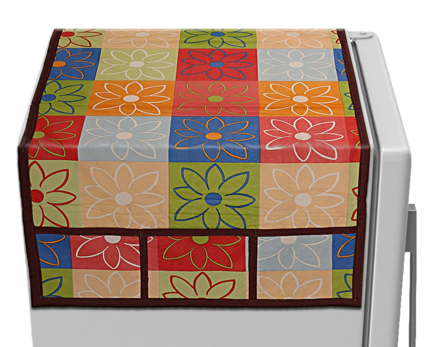 Kuber Industries Multi Floral Print Fridge Cover With Side Pockets|Fridge Top Cover|Refrigerator Cover|Washable Cotton Material|6 Utility Pockets (Multi)