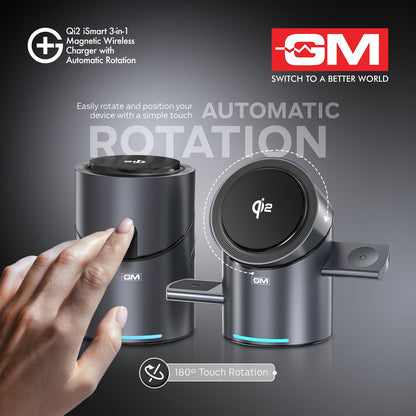 GM G+ iSmart Qi2 3-in-1 Magnetic Wireless Charger with Automatic Rotation|15W Fast Charging with Super Magnet|Pop-up Design|180° Touch Rotation|for iPhone Apple Watch Earbuds Qi2 Compatible Devices