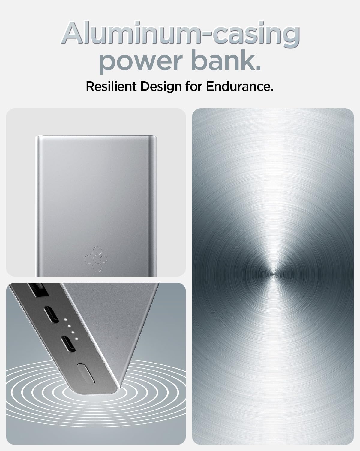 Spigen Durable Alloy Power Bank 20,000mAh, 30W Fast Charging Power Bank with PD3.0 20W for 2 USB-C Ports, QC3.0 22.5W for USB-A Port - Dark Silver