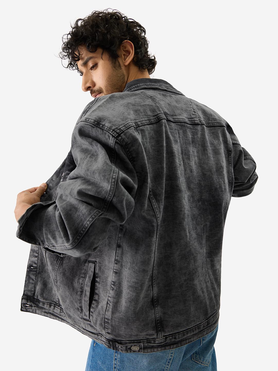 The Souled Store Solids: Ebony Oversized Fit Long Sleeve Collared Neck Button Front Denim Jacket