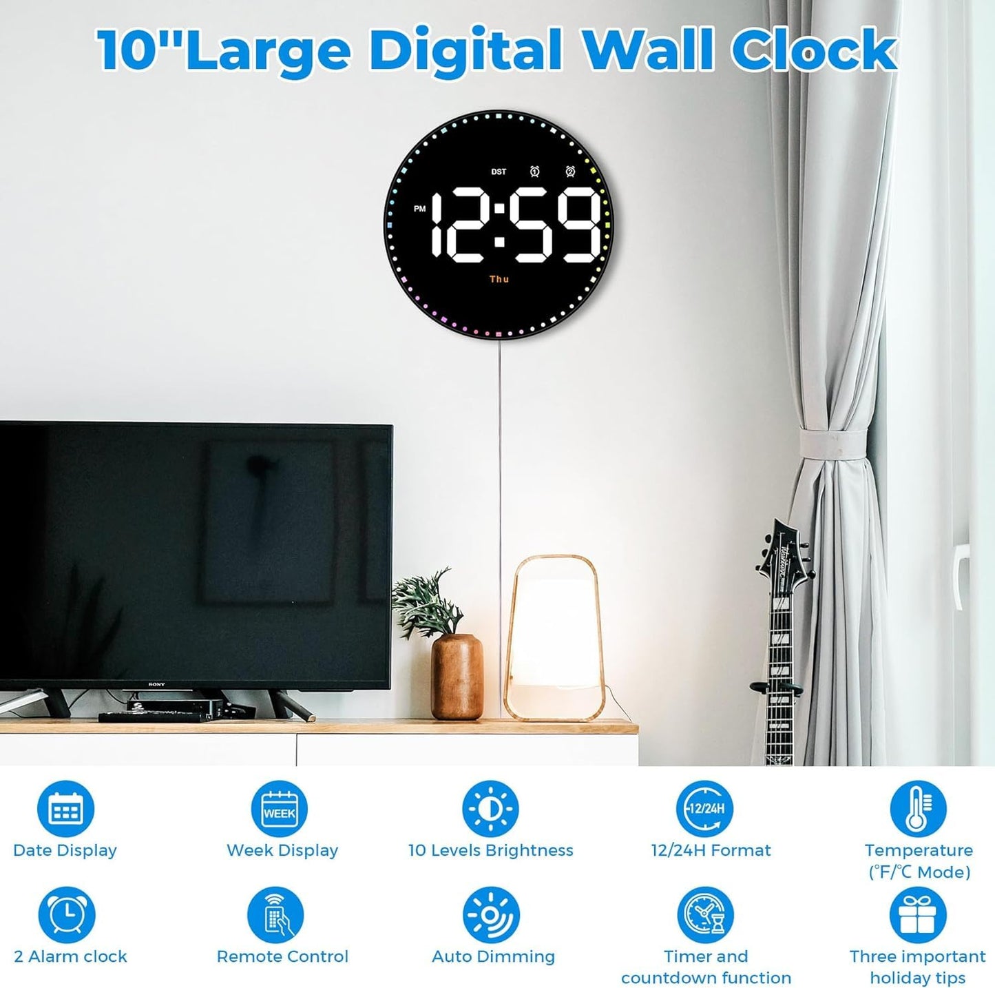 Monomine Digital Wall Clock,10" Digital Clock Large Display with Remote Control,Adjustable Brightness, Calendar, Temperature, 12/24 H, for Living Room Office Bedroom (Cable Oprated)