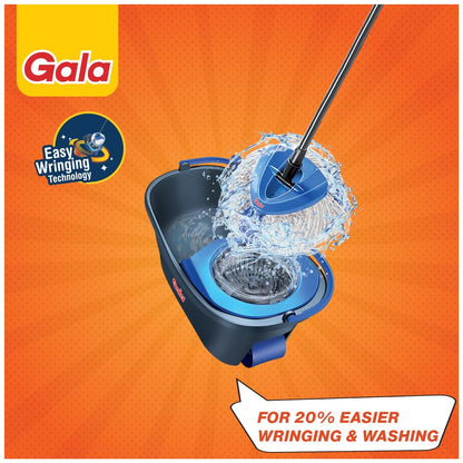 Gala Turbo Spin Mop Removes over 99% bacteria,Triangular head & Easy big wheel with 2 Refills,Floor Cleaning Mop stick with Bucket, pocha for floor cleaning, Mopping Set (Grey and blue), 4 Pcs