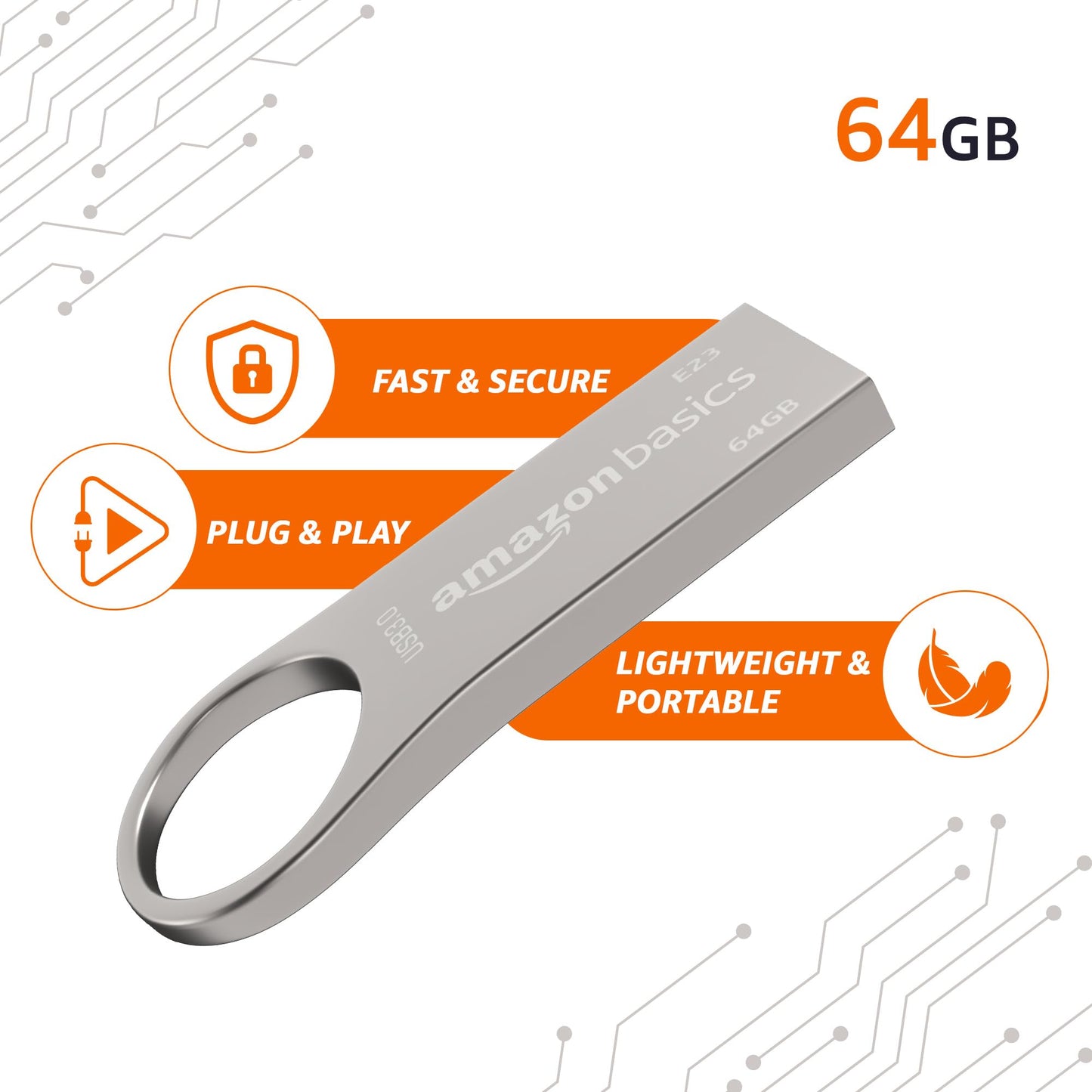 Amazon Basics 64 GB USB 3.0 Pen Drive | Flash Drive | Read Speed Upto 120 MB/s | with Key Ring | Metallic (Silver)