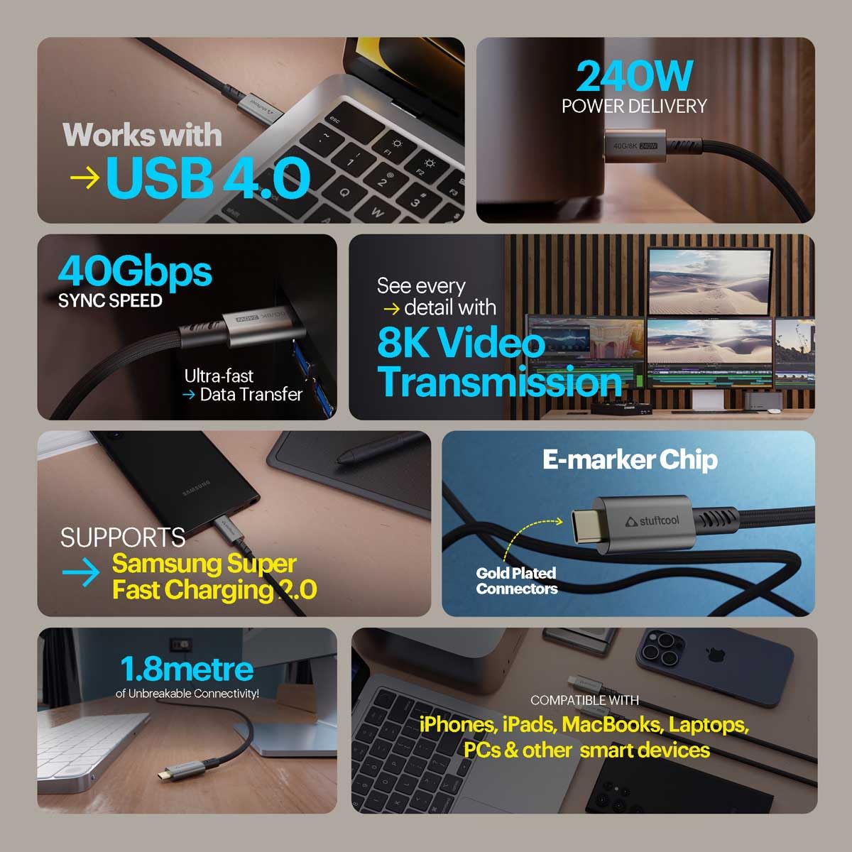 Stuffcool Primus USB 4 Type-C to Type-C Cable with 240W Power and 40Gbps Data with 8K Video Transmission