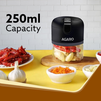 AGARO Elite Rechargeable Mini Electric Chopper, Food Grade Bowl, Stainless Steel Blades, One Touch Operation, for Mincing Garlic, Ginger, Onion, Vegetable, Meat, Nuts, 250 Ml, Black.