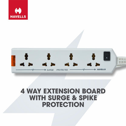 Havells 240V 6A Four-Way 1440W Extension Board With wire (White)- 1.5 Metre ( Surge and Spike Guard)