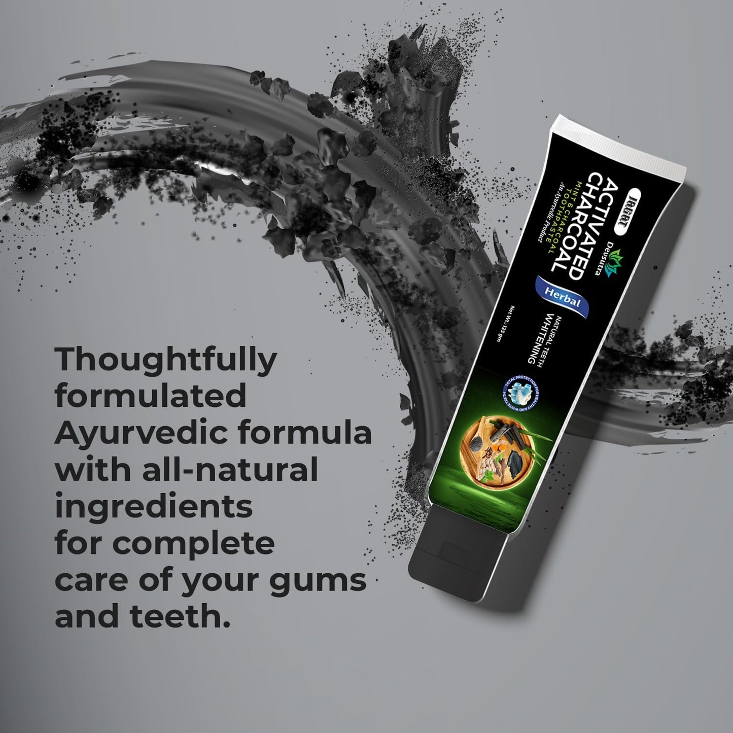 Jagat Devsutra Dr. Trusted Ayurvedic HERBAL Activated Charcoal Toothpaste for Teeth Whitening - 100% Natural Formula with Mint Flavour, No Fluoride & Artificial Colours - Pack of 3 (125g x 3)