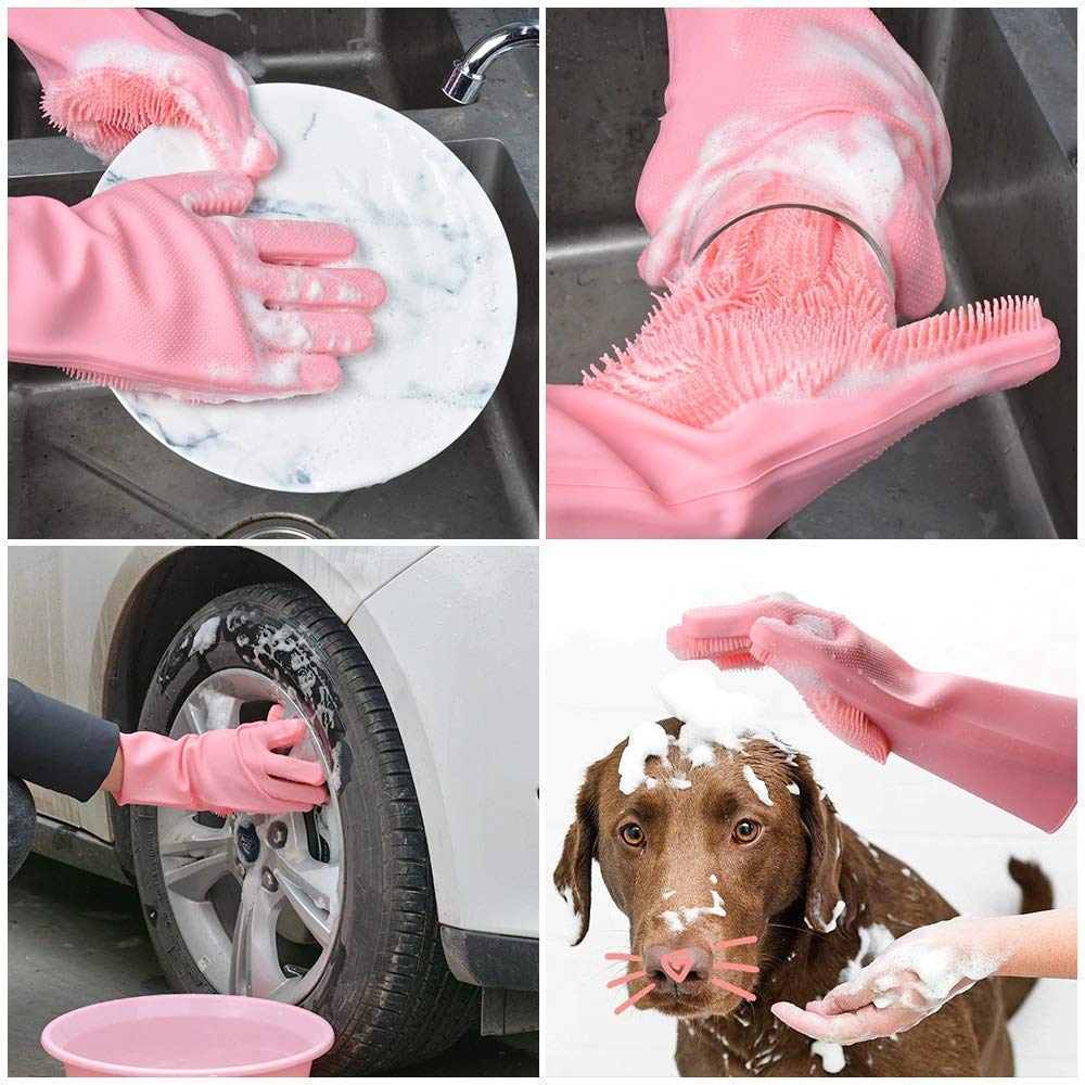 HUSB Gloves Magic Silicone Dish Washing Gloves, Silicon Cleaning Gloves, Silicon Hand Gloves for Kitchen Dishwashing and Pet Grooming, Great for Washing Dish, Car, Bathroom (Multicolour, Pack of 1)