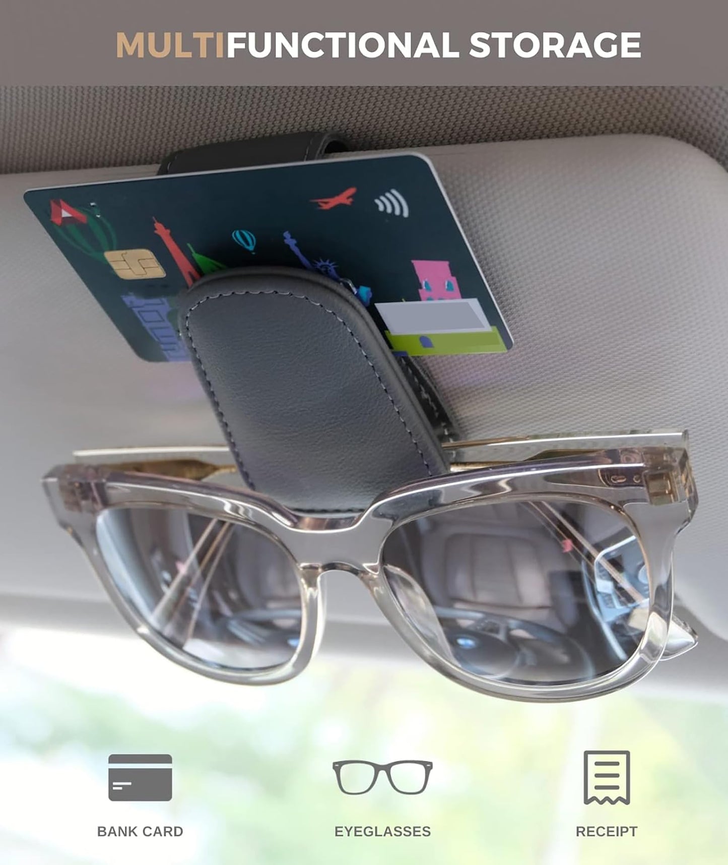 It has multifunctional storage: Bank Card, Eyeglasses and Receipt