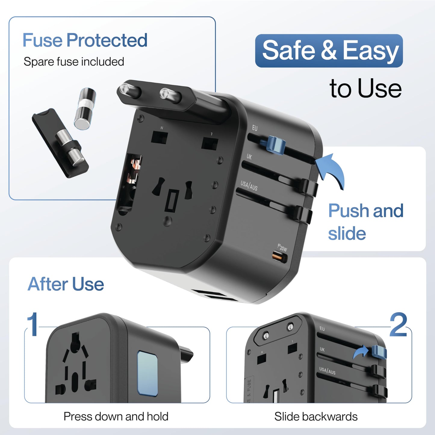 Ambrane Universal Travel Adapter, 4 in 1 Fast Charging; 1 Type C (20W), 2 USB (20W) & 1 AC Socket (880W) with 3 Removable pins for EU, UK and USA/AUS and Other Countries for Modern Travel (ATA-01)