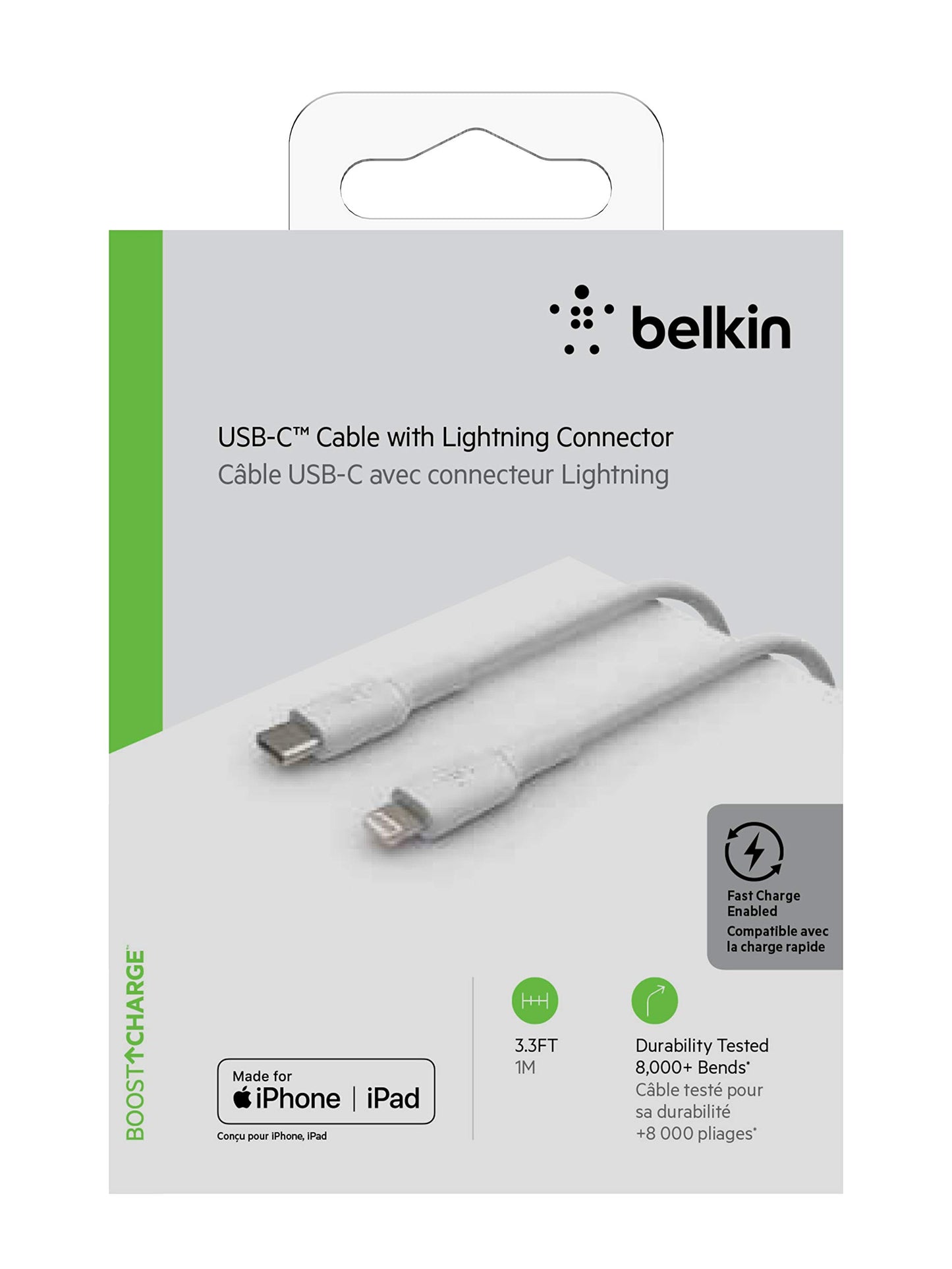 Belkin Apple Certified PVC Lightning to USB-C Charge and Sync Type C Cable, Tough and Durable, For iPhone, iPad, Air Pods, 3.3 Feet (1 Meter) - White