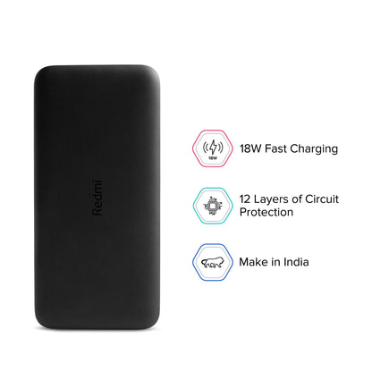 Redmi 20000mAh Li-Polymer Power Bank, USB Type C and Micro USB Ports, 18W Fast Charging, Low Power Mode, Black