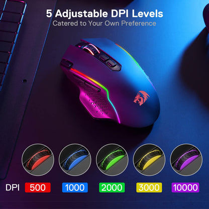 Redragon M810 Pro Wireless Gaming Mouse, 10000 DPI Wired/Wireless Gamer Mouse w/Rapid Fire Key, 8 Macro Buttons, 45-Hour Durable Power Capacity and RGB Backlit for PC/Mac/Laptop