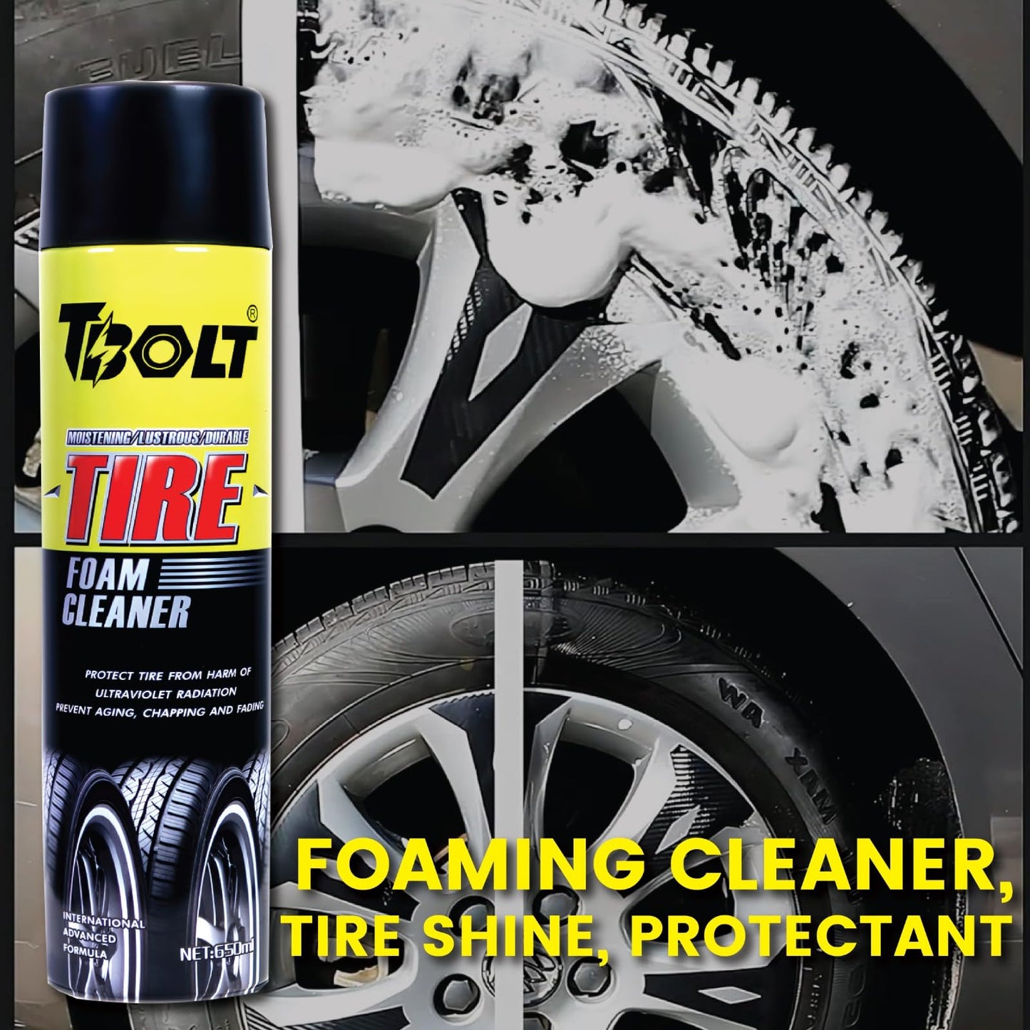 Q4 EVER Tbolt Tire Foam Cleaner | All-in-One Tire & Wheel Cleaning Solution | Quick & Easy Foam Spray for Long-lasting Tire Shine | 650 ml, Pack of 1