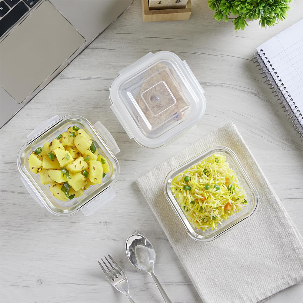 Borosil - Glass Lunch Box Set Of 3, Clear, 320 Ml, Microwave Safe Office Tiffin (12 X 12 X 6.5 Cm)