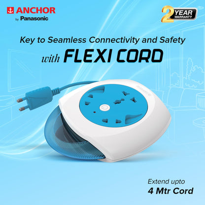 Anchor by Panasonic 6A 2 Pin Felx Box with 4 Mtr Cord | Universal Socket Switch Board With Indicator (Blue & White)