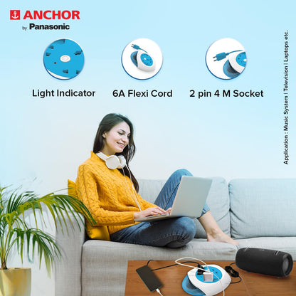 Anchor by Panasonic 6A 2 Pin Felx Box with 4 Mtr Cord | Universal Socket Switch Board With Indicator (Blue & White)