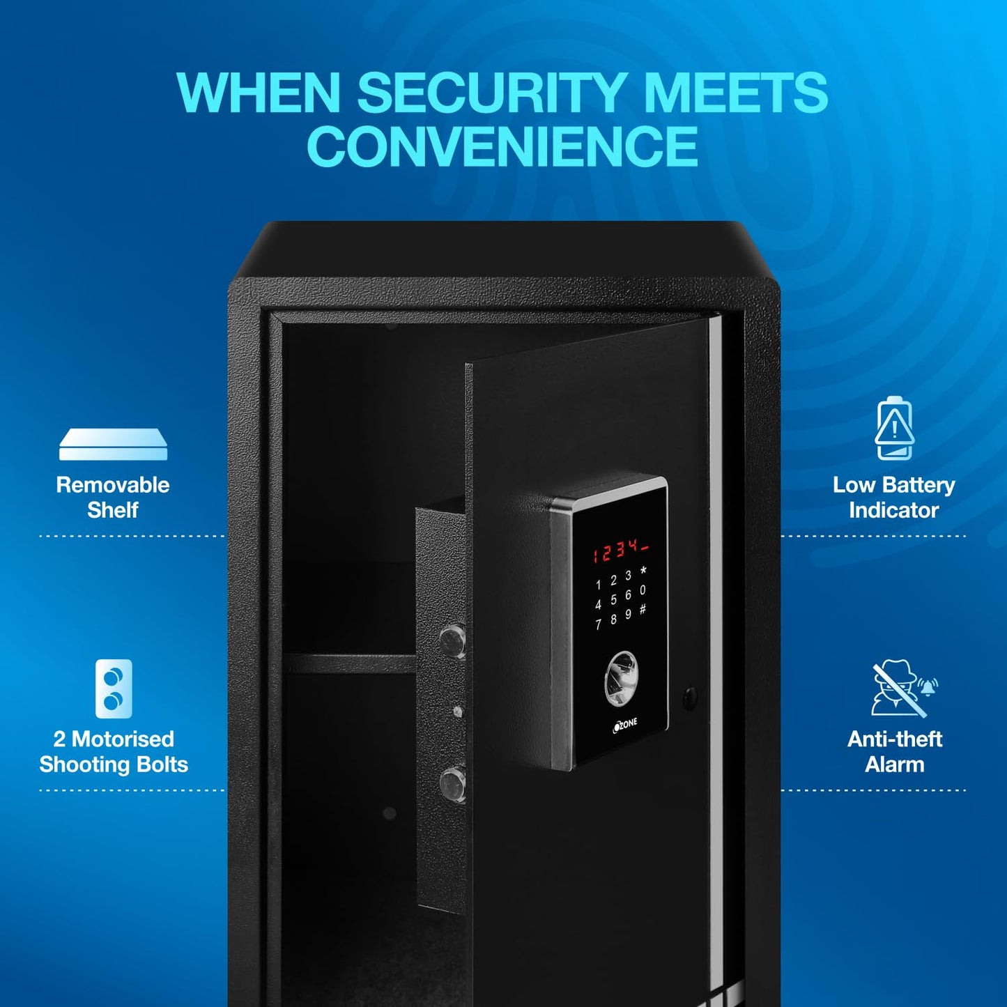 Ozone Safe Locker for Home | 55 Litres | Digital Locker Biometric with Fingerprint Access | Auto Freeze Mode | Home lockers for house | Electronic LED Display | Motorized | Black