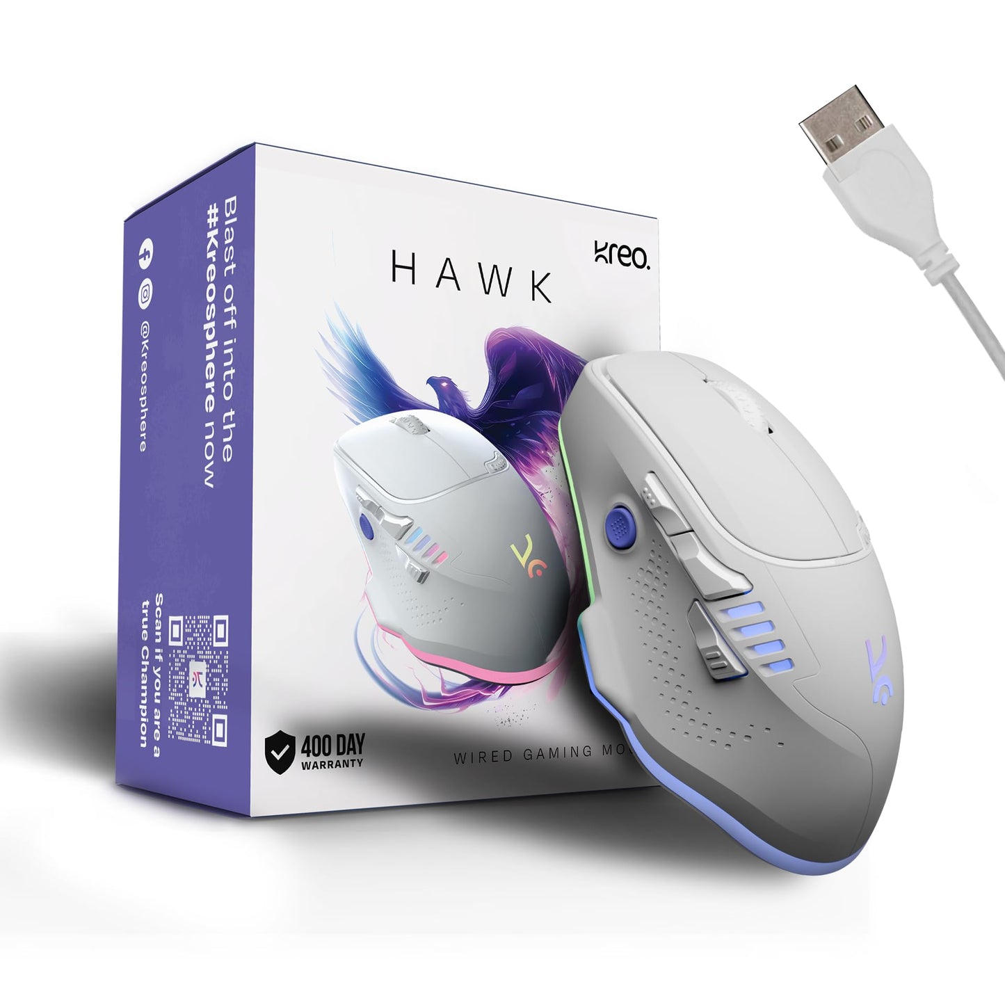 Kreo Hawk Gaming Mouse with Programmable Buttons & RGB Lighting | Top Pixart Sensor | Adjustable DPI with 1.5m Long Braided Cable and Optical Sensor | Lightweight & Durable (White)