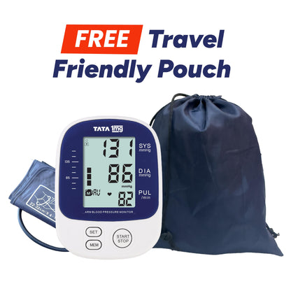 TATA 1mg Blood Pressure Monitor | Digital BP check machine for home | Large, backlit LCD Display & One Touch Operation | Free Travel Pouch | With USB cable & AA battery | Memory 99 sets for 2 users