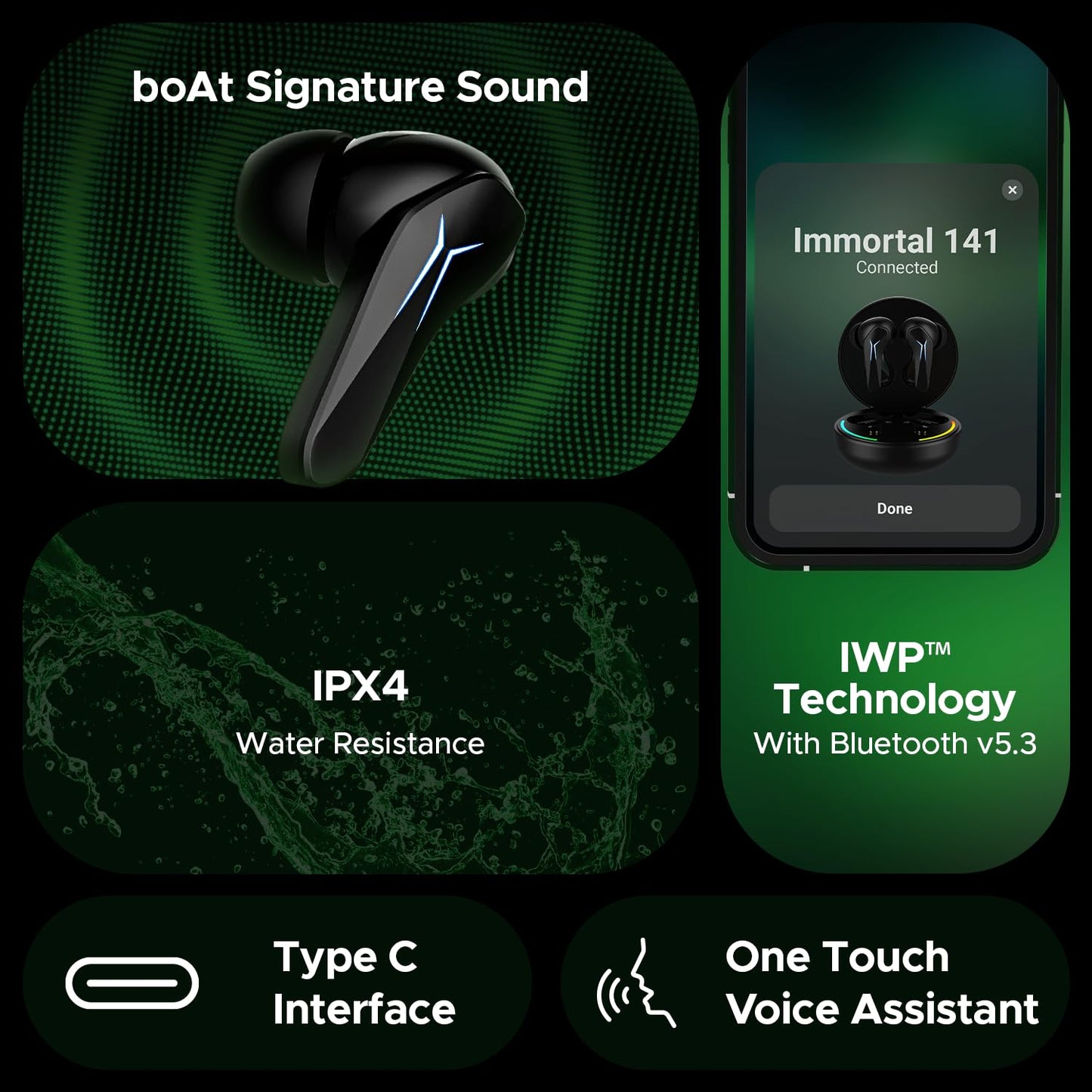 boAt Immortal 141 TWS Gaming Earbuds with Enx Tech,Up to 40 Hrs Playtime,Signature Sound,Beast Mode,Ipx4 Resistance,Iwp Tech,RBG Lights,&USB Type-C Port(Black Sabre)