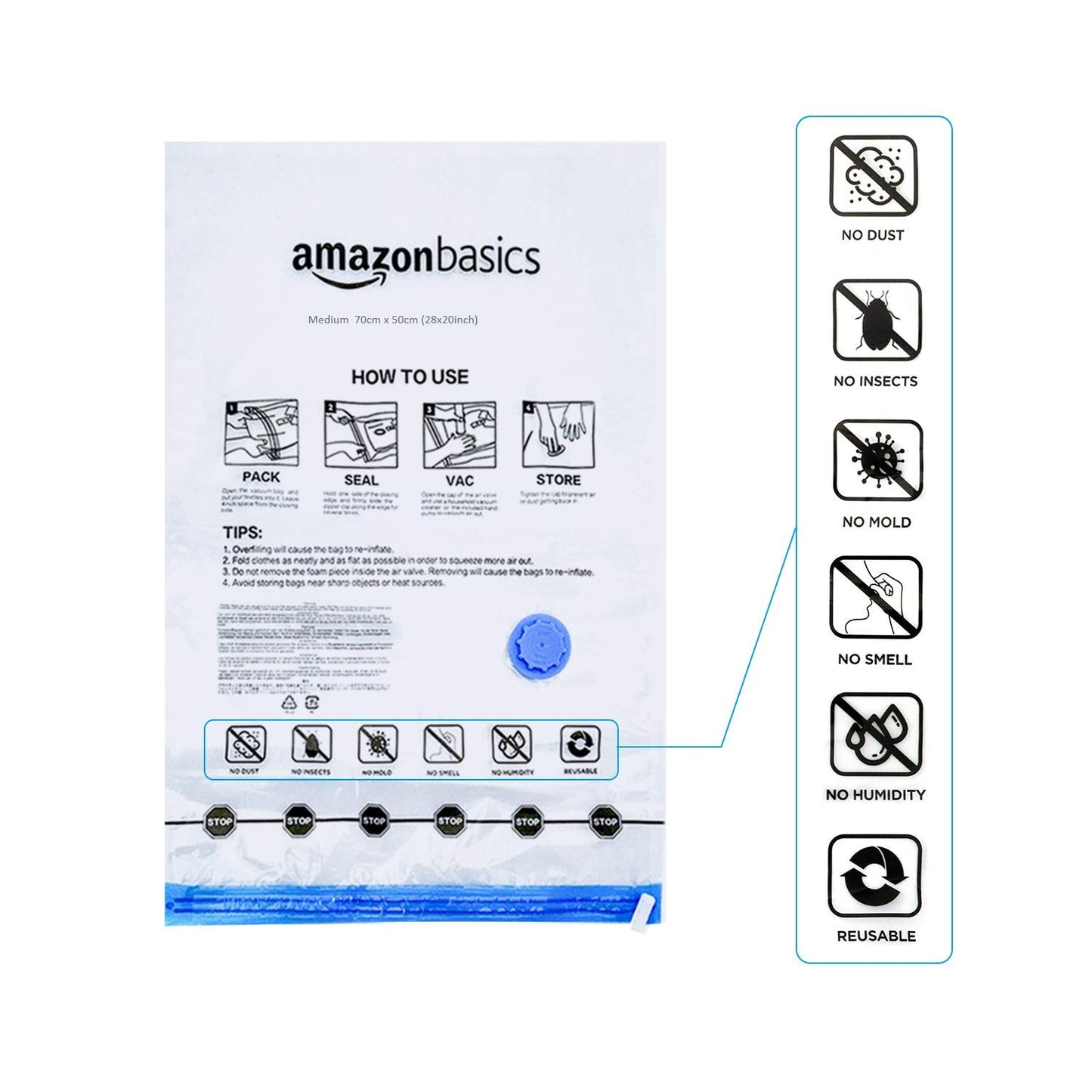 amazon basics Vacuum Compression Storage Bags With Hand Pump-12-Pack(3 Jumbo,3 Large,3 Medium,3 Small),Plastic,White