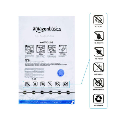 amazon basics Vacuum Compression Storage Bags With Hand Pump-12-Pack(3 Jumbo,3 Large,3 Medium,3 Small),Plastic,White