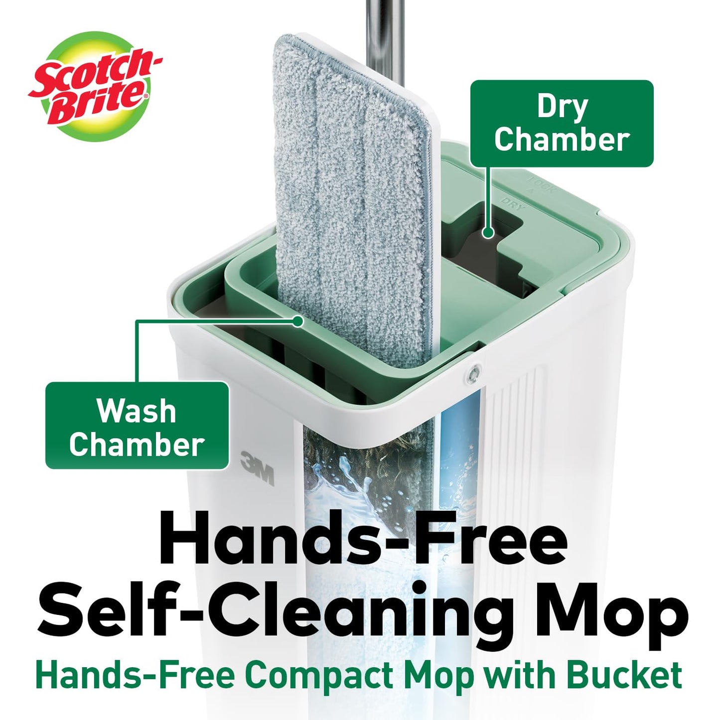 Scotch-Brite Plastic Hands-Free Microfiber Flat Mop With Compact Bucket, Splash Proof Design & Double Scraper For Easy Squeeze (1 Bucket, 1 Mop, 1 Refill)