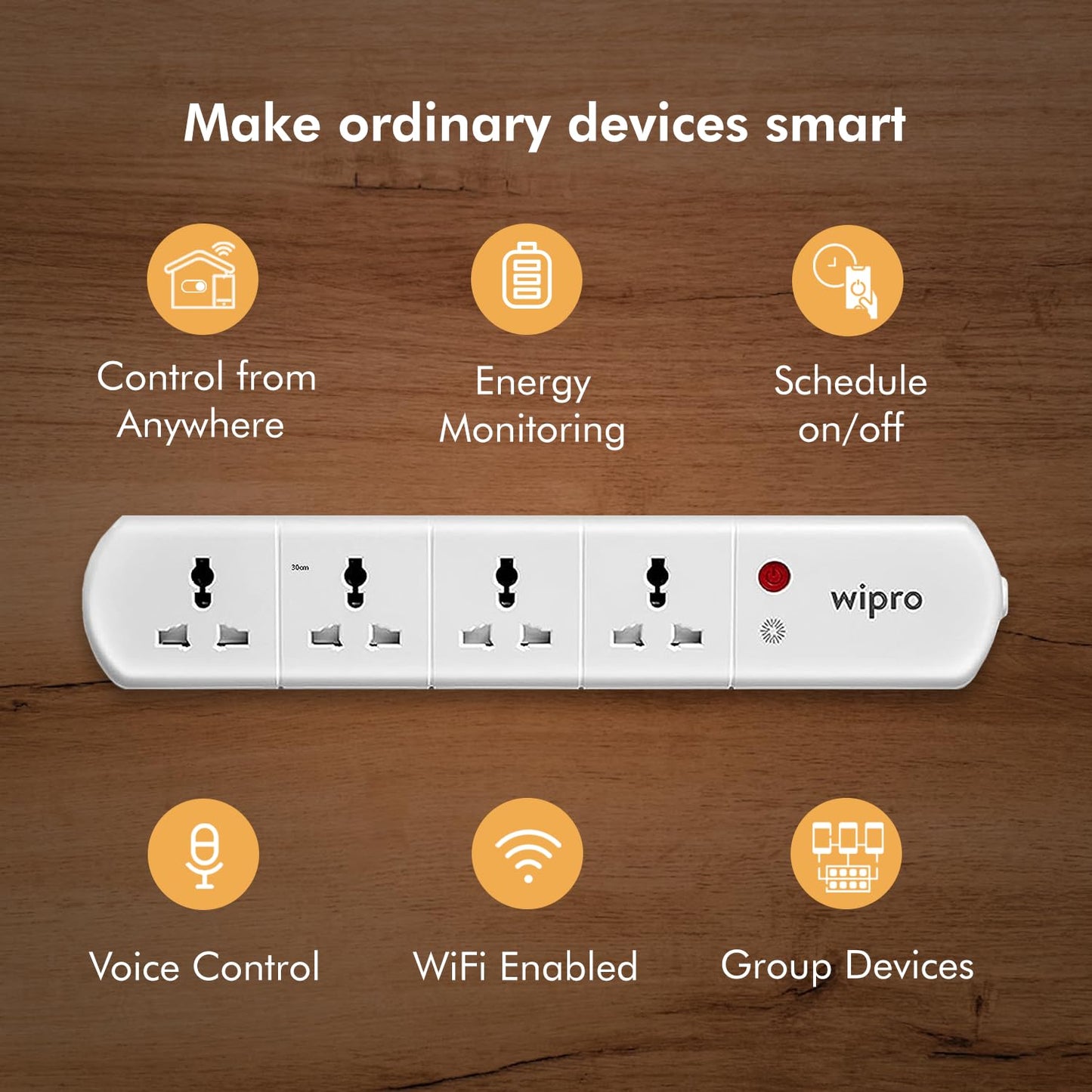 Wipro Smart Wi-Fi Extension Board with 4 Universal Socket| Voice control with Alexa and Google Asst | Master Switch| Energy Monitoring Feature for Connected Device | Schedule ON/OFF (Pack of 1, White)