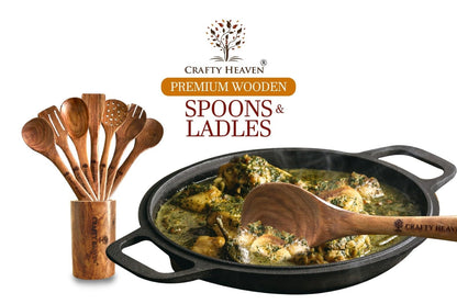 CRAFTY HEAVEN Wooden Spoon Set for Cooking Natural Sheesham Lakdi Chamach Set Handmade Kitchen Items Include Frying, Serving, Spatula, Chapati, Rice Spoons Nonstick Safe Ideal for Gifting Set of 7