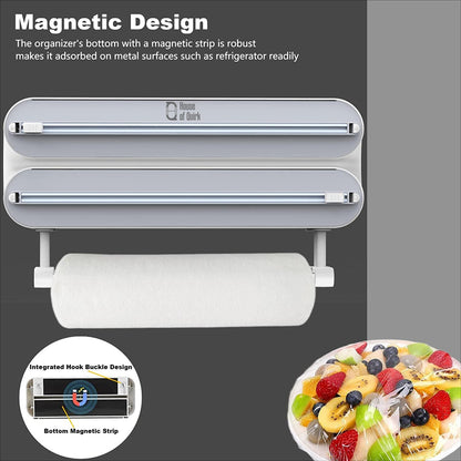 House of Quirk Magnetic Plastic Wrap Dispenser with Cutter, 3 in 1 Aluminum Foil and Plastic Wrap Organizer with Paper Towel Holder, Compatible with Cling Film, Tin Foil and Wax Paper (Grey)