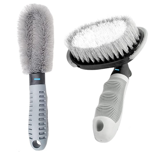 NIKAVI Car Motorcycle Wheel Tire Brush + Hub Clean Brush Cleaning Tool Kit,Set of 2