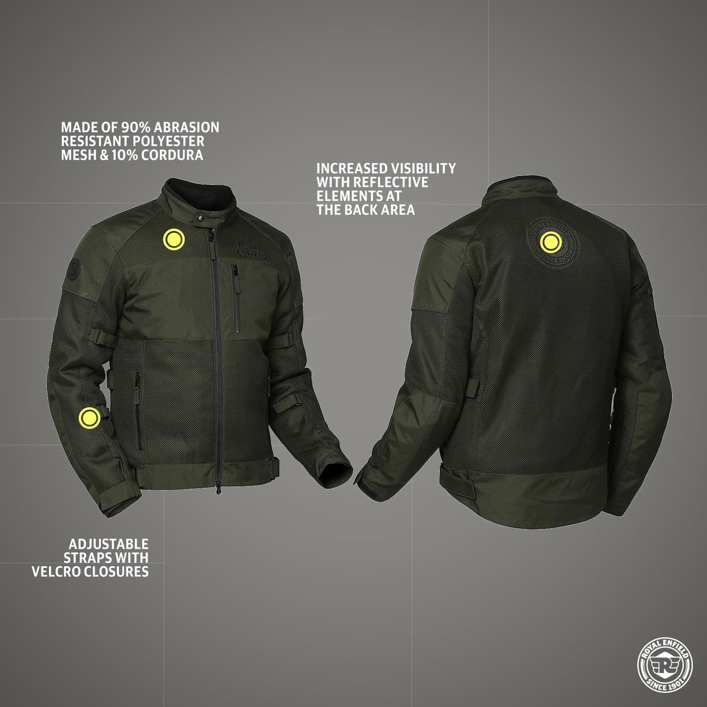 Royal Enfield Windfarer Riding Jacket Olive 44 Cm Knox Flexiform Ce Level 1 Certified Protectors At Shoulders And Elbows / High Abrasion-Resistant mesh with high air permeability