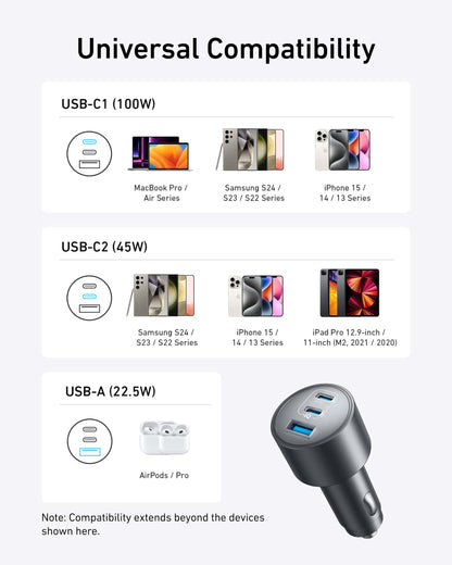 Anker USB-C Car Charger, 167.5W Max 3-Port Ultra-Compact Type-C Fast Car Charger, for MacBook Pro/Air, iPhone 15/14 / 13 Series, Samsung S24 / S23, iPad Pro, AirPods, and Mo