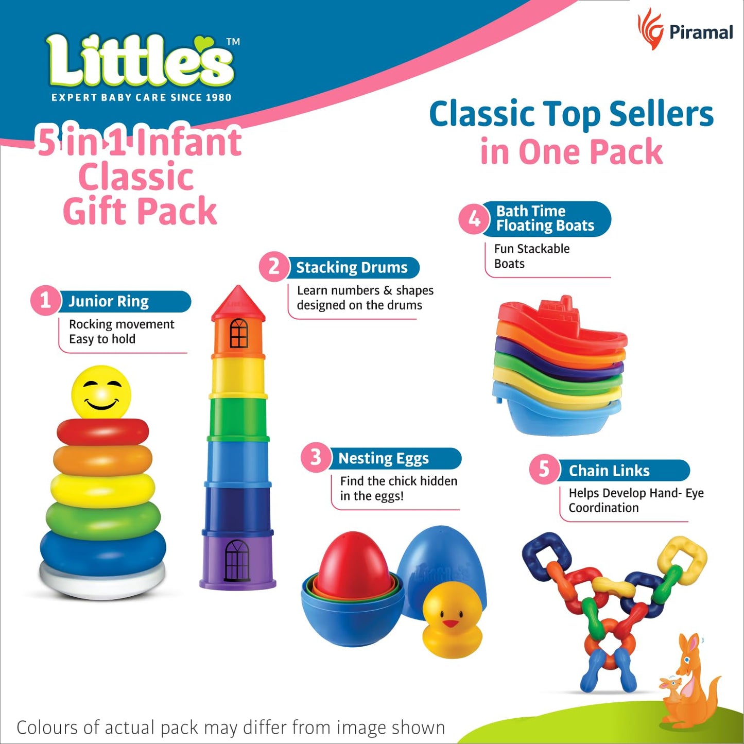 Little's 5 in 1 Infant Gift Pack| Toddler Activity Toys Set | Toys for Kids | 5 in 1 Junior Ring, Nesting Eggs, Stacking Drums, Chain Links & Bath Toys | Baby Toys | New Born Baby Gifts